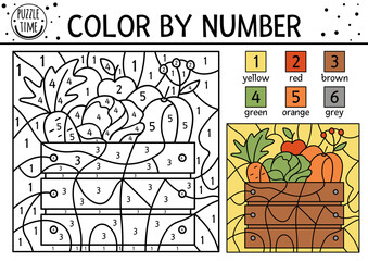 Vector autumn color by number activity with harvest in wooden box. Fall, Thanksgiving Day or garden coloring and counting game with vegetables. Funny coloration page for kids. .