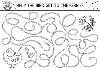 Autumn black and white maze for children. Preschool printable activity or coloring page. Funny fall season puzzle with cute woodland animal. Help the bird get to berries. Forest line game.