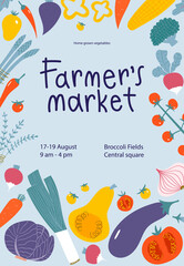Vegetable frame border for farmers market poster design. Fresh local veggies in trendy flyer for food festival. Promo concept for organic farm bazaar.