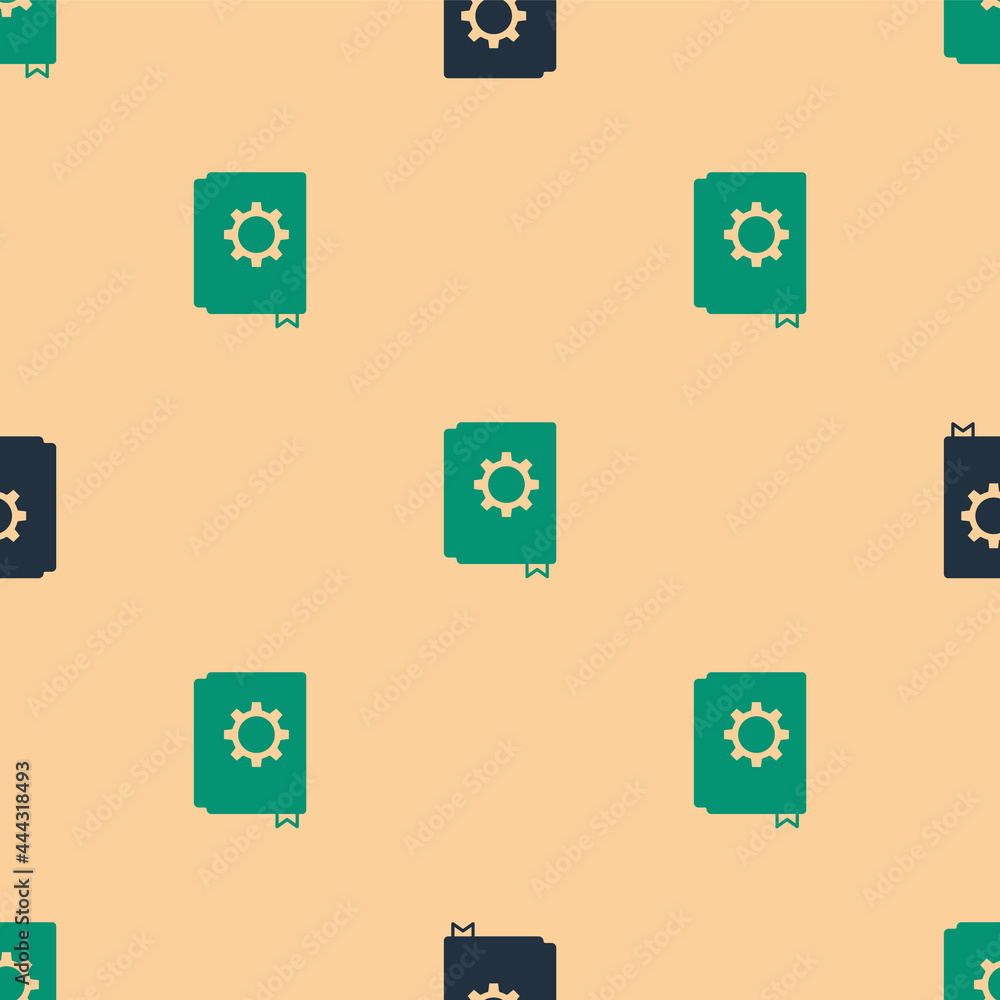 Poster green and black user manual icon isolated seamless pattern on beige background. user guide book. ins