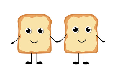 Cute butter toast, cartoon characters. Slicea of bread vector illustration.