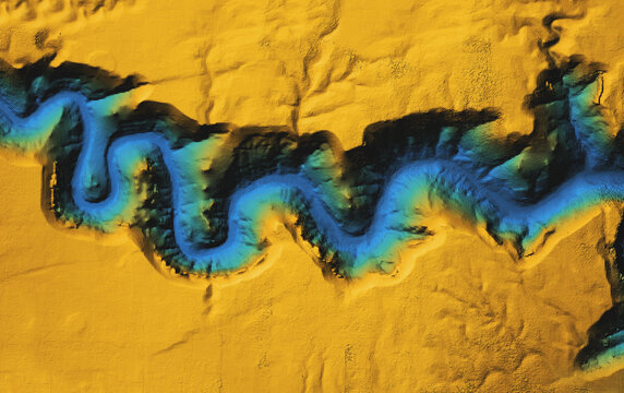 Digital elevation model. GIS product made after proccesing aerial pictures taken from a drone. It shows high rocky and steep canyon