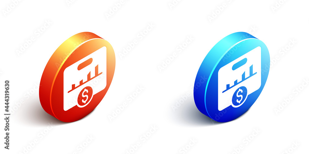 Poster isometric kpi - key performance indicator icon isolated on white background. orange and blue circle 