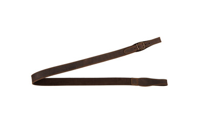 Shotgun strap. Leather belt with metal buckle. Isolate on a white back