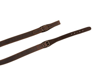 Shotgun strap. Leather belt with metal buckle. Isolate on a white back