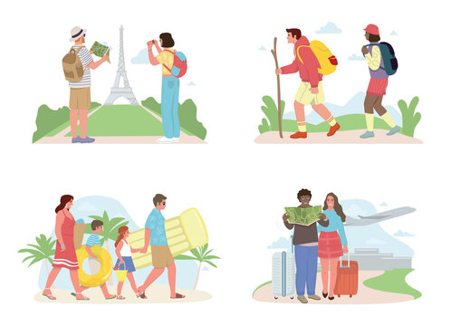Four scenes of diverse tourists on vacation