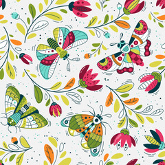 Flock of funny birds and flower - Seamless pattern. Vector Loop pattern for fabric, textile, wallpaper, posters, gift wrapping paper, napkins, tablecloths. Print for kids, children. Children's pattern