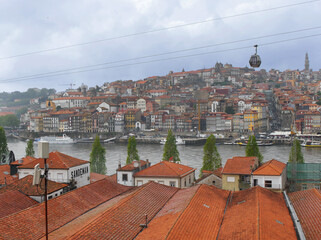 Fototapeta na wymiar Cable car above Gaia side of Old town Porto Portugal