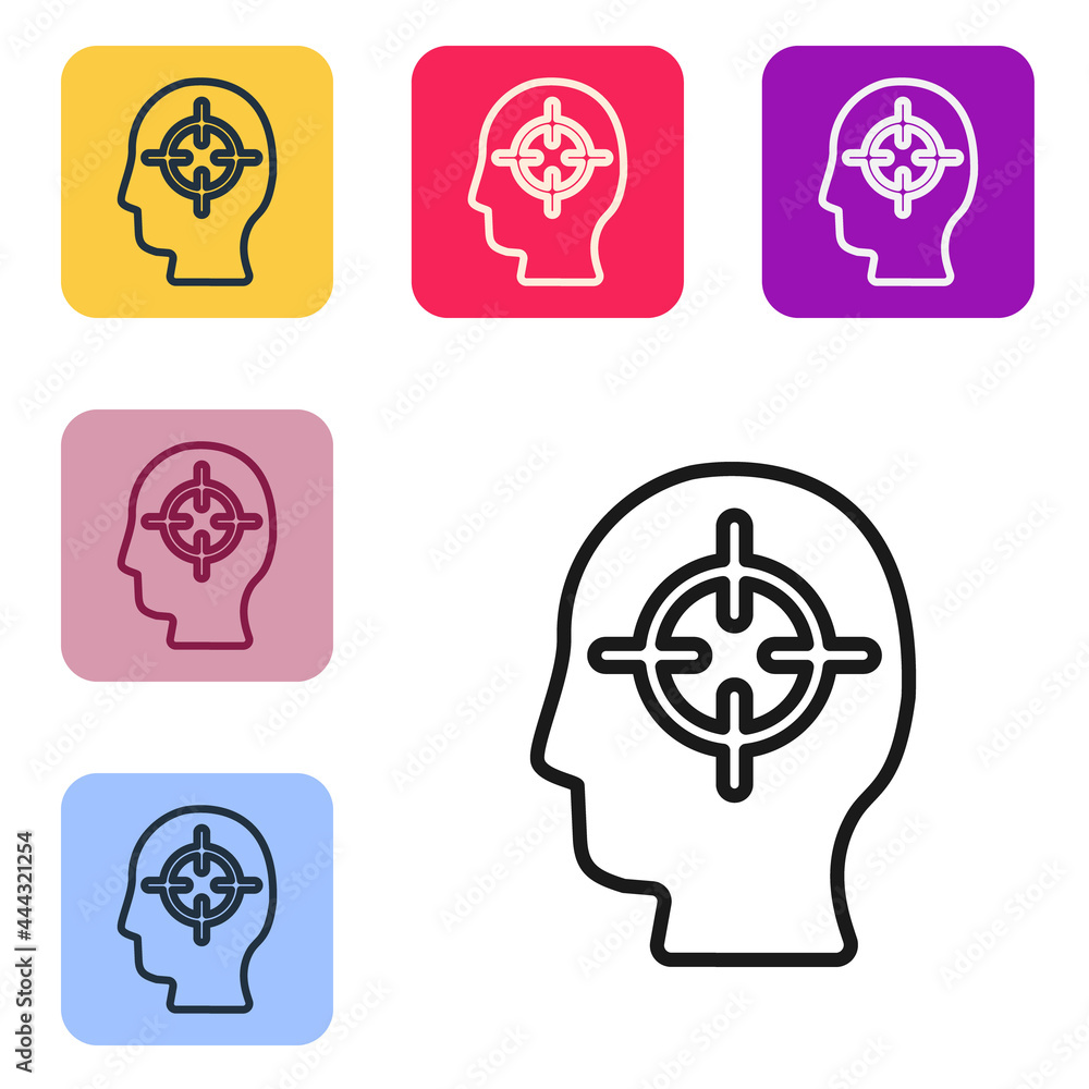 Poster black line finding a problem in psychology icon isolated on white background. set icons in color squ