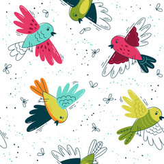 Flock of funny birds  - vector Seamless pattern. Loop pattern for fabric, textile, wallpaper, posters, gift wrapping paper, napkins, tablecloths. Print for kids, children. Children's pattern