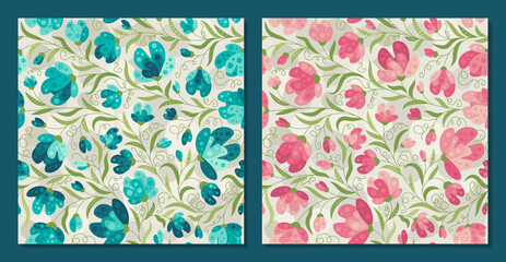 Summer flowers in flat style - vector set of seamless patterns. Background for fabric, textile, wallpaper, poster, web site, card, gift wrapping paper 