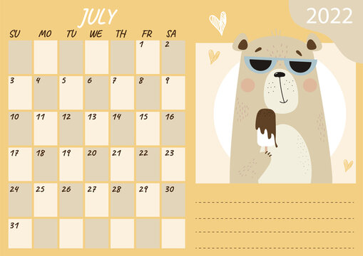 July 2022 Planner Calendar Template. A Cute Summer Bear Wearing Sun Glasses Is Eating Chocolate Ice Cream. Vector Illustration. Week From Sunday. Stationery For Design And Printing