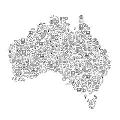 Australia map from black pattern set icons of SEO analysis concept or development, business. Vector illustration.