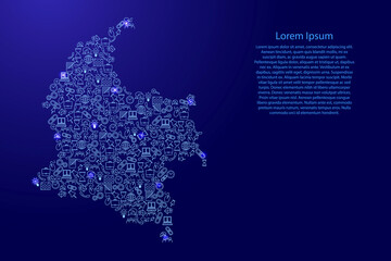 Colombia map from blue and glowing stars icons pattern set of SEO analysis concept or development, business. Vector illustration.