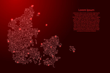 Denmark map from red and glowing stars icons pattern set of SEO analysis concept or development, business. Vector illustration.