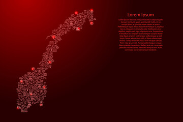 Norway map from red and glowing stars icons pattern set of SEO analysis concept or development, business. Vector illustration.