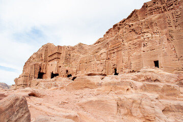 The ancient city of Petra in Jordan became one of the 7 New Wonders of the World. The city's carved rose-red sandstone rock facades, tombs, and temples. 