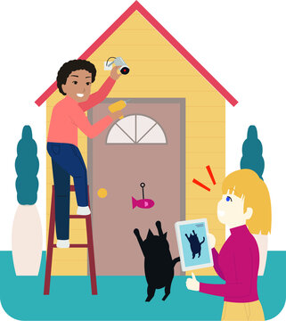 Couple easily installing and testing home security camera