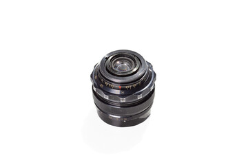 Vintage retro lens black color close up on white background