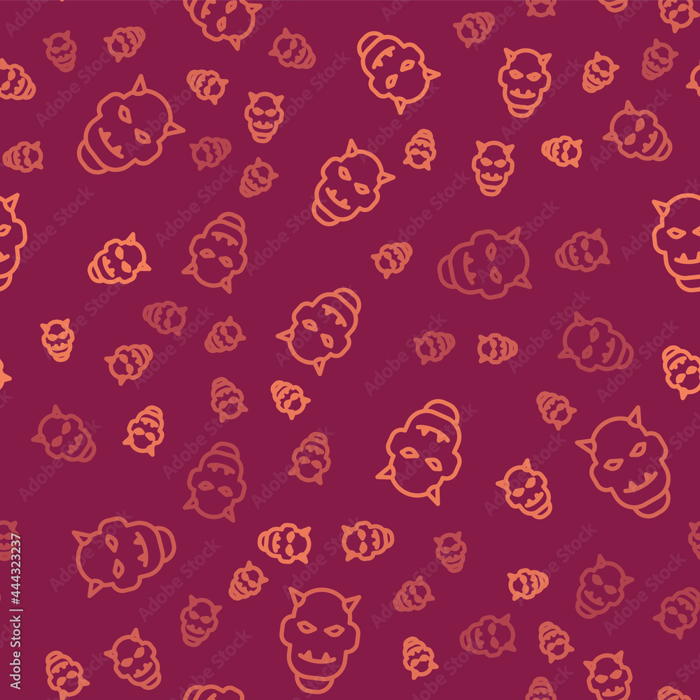 Aufkleber brown line mask of the devil with horns icon isolated seamless pattern on red background. vector