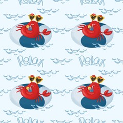 Naklejka premium Seamless crab pattern on vacation with cocktail on the waves and white background
