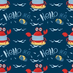 Pattern crab on holiday on sea waves with cap