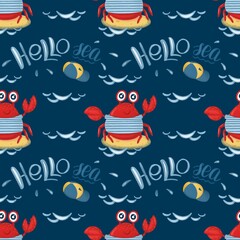 Fototapeta premium Pattern crab on holiday on sea waves with cap