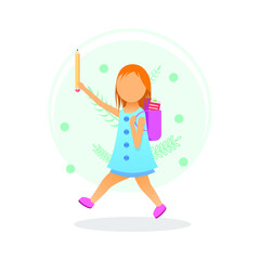 Abstract Flat Chiild Schoolgirl Run In School Cartoon People Character Concept Illustration Vector Design Style Creative With BackPack Plants Pencil Books Training Education 1 September