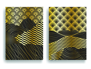 Poster with mountain landscape and Japanese wave pattern. Asian style  . Trendy golden brochure . Vector illustration .