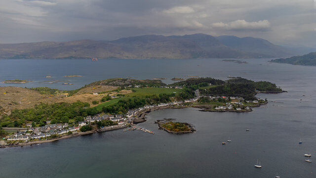 An aerial view of the village of Plockton in the Scottish Highlands, UK