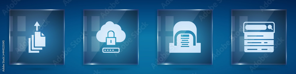 Poster set data export, cloud computing lock, hangar with servers and search engine. square glass panels. v
