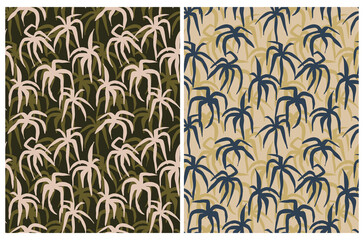 Hand Drawn Tropical Seamless Vector Patterns. Pink, Green and Blue Exotic Palm Trees Isolated on a Green and Brown Background. Simple Infantile Style Abstract Tropical Forest ideal for Fabric.