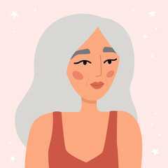 Avatar of a senior woman on pink background. Cartoon character. Flat style vector illustration.