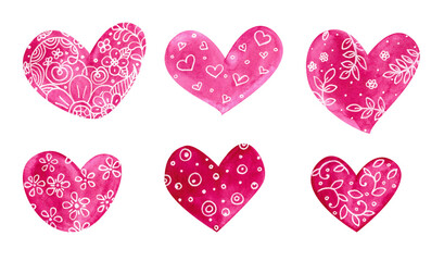 watercolor hearts with drawing, ornaments on white background. Watercolor hearts collection for Valentine's day. Symbol of love, passion and togetherness. Template for design.