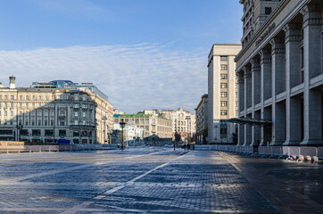 Naklejka premium Empty Moscow street, shadows, deserted.