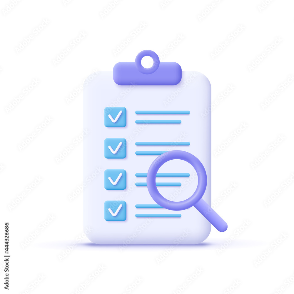 Poster successfully complete business assignments icon. magnifying glass with a checklist on clipboard pape