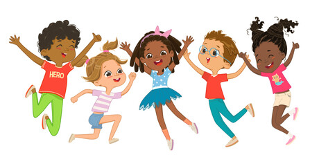 Multicultural boys and girls play together, happily jumping and dancing fun against the background. Children are having fun. Colorful cartoon characters. Vector illustrations