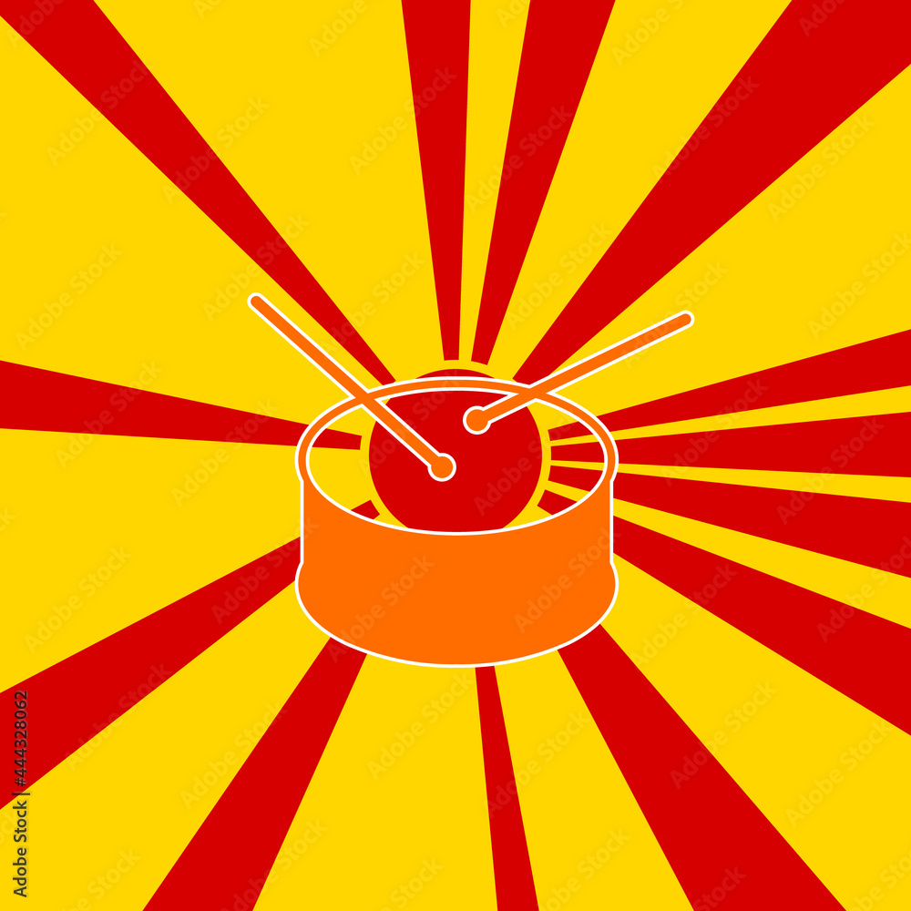 Poster drum symbol on a background of red flash explosion radial lines. the large orange symbol is located 