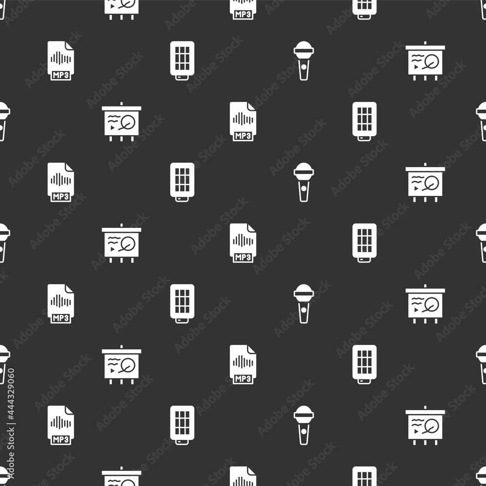 Poster set microphone, scenario chalkboard, mp3 file document and softbox light on seamless pattern. vector