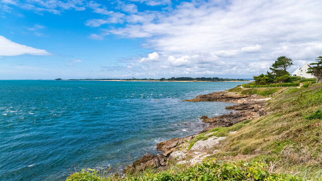 Port Navalo in Brittany, beautiful seascape with Locmariaquer in background
