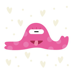 Happy Halloween. Long pink cute monster with one eye, tongue sticking out. Cute cartoon kawaii scary funny childish character. White background. Flat and vector illusion.
