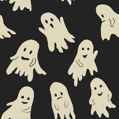 Halloween ghost seamless pattern on black background. 