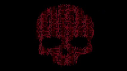 Hacker Binary Red Skull Data Animation  with Matte. binary skull of data numbers appears symbol for hacking internet security with matte