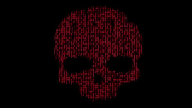 Hacker Binary Red Skull Data Animation  with Matte. binary skull of data numbers appears symbol for hacking internet security with matte