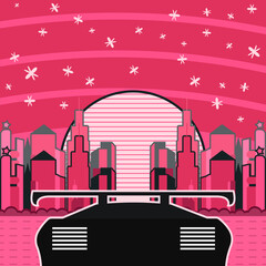 Pink landscape cyber theme. Sport car and town. Sun and black sport auto.