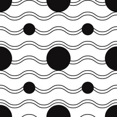 Waves and circles. Simple vector wallpaper. Black and white colors.