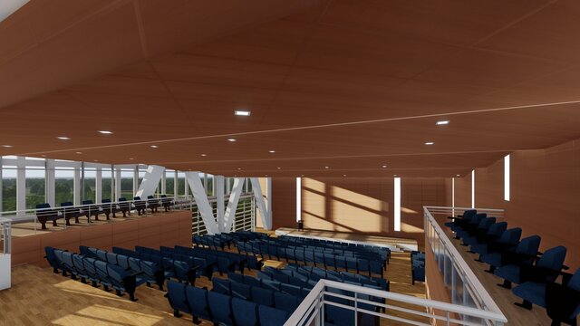Segundo nivel de auditorio con muro acristalado y materiales de terminaci&oacute;n en madera