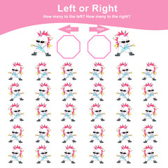 Left or Right Unicorn Game for Children. Cute unicorn math worksheet. Educational printable math worksheet. Additional math for kids. Vector illustration in cartoon style.