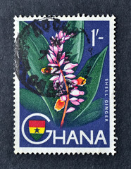 Cancelled postage stamp printed by Ghana, that shows Shell ginger flower, circa 1959.