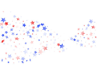 Flying red blue white star sparkles on white vector american patriotic background.